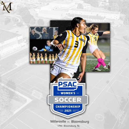 WSOC: Final conference gameday of the year! Millersville women’s soccer faces off with Bloomsburg today for a chance at a PSAC Title. 

🆚 Bloomsburg
📌 Bloomsburg, Pa. 
⏰ 1 PM
📺 bit.ly/3wMX0ME
📊 bit.ly/3kBDYUu

#RollVille