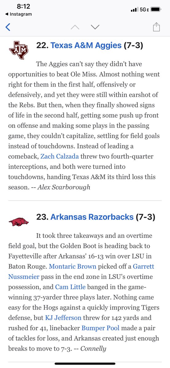 codycalhoun's tweet photo. I knew this would happen. @ESPN_BillC and #ESPN25 voters didn’t read a schedule and see that Arkansas beat Texas A&M. https://t.co/zBu4XiNcGT