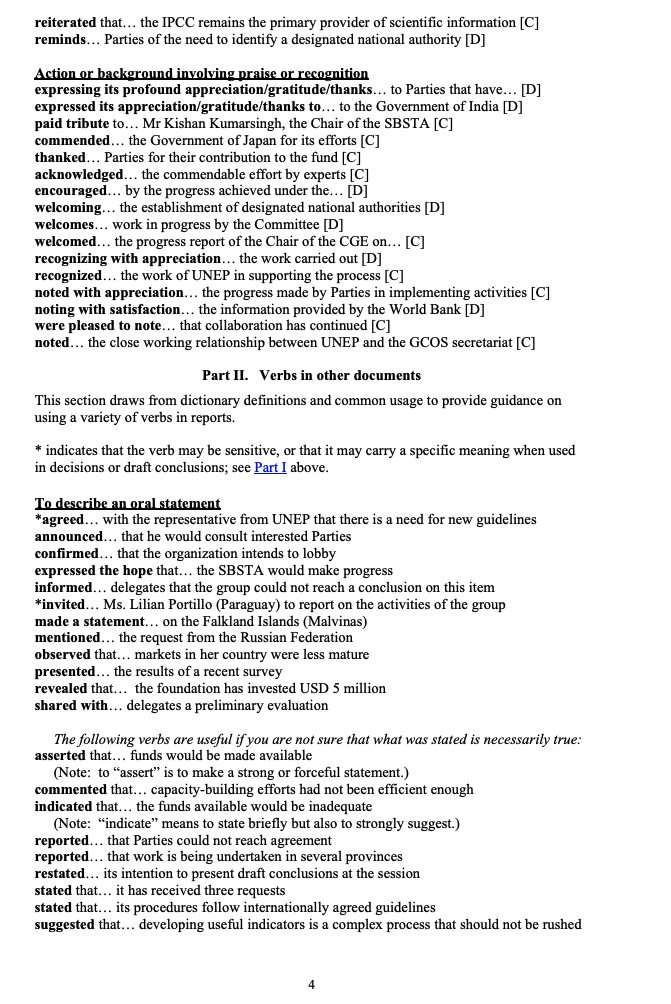 After all the #COP26 debate about whether "requests" is stronger UN-speak than "urges" (it is), here's a fuller version of the <a href="/UNFCCC/">UN Climate Change</a> style guide on how to choose verbs in legal text

eg "encourage" is at the weaker end of the spectrum, which runs from "instructs" to "calls"