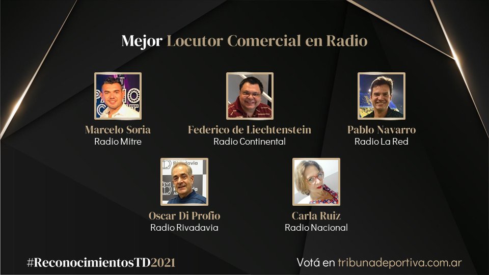 #ReconocimientosTD2021

✔️   MEJOR LOCUTOR COMERCIAL EN RADIO
🎙️  Marcelo Soria 
🎙️  <a href="/fede_locutor/">Fede de Liechtenstein📻📺🎧🎤</a> 
🎙️  <a href="/pablonavarrocks/">Pablo Navarro</a> 
🎙️  <a href="/oscardiprofio/">Oscar Di Profio</a>
🎙️  <a href="/SoyCarlaRuiz/">Carla Ruiz</a> 

Votá en tribunadeportiva.com.ar hasta el 25 de Noviembre