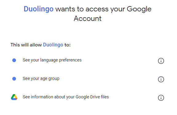 code_and_cider's tweet photo. @duolingo what's going on here? and why do you need access to info about users' google drive files? https://t.co/sry5FzpSyO