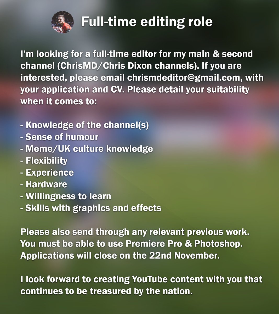 🚨 The ChrisMD Empire grows larger yet! 🚨 Full-time editing role  available. ➡️ chrismdeditor@gmail.com