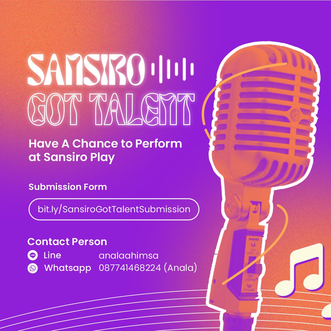 sansirofest's tweet image. [OPEN SUBMISSION SANSIRO GOT TALENT]

Halo Sanspeeps!
Akhirnya Sansiro Got Talent buka pendaftaran lho!
Buat yang hobi nyanyi/seru-seruan aja boleh banget nih ikutan.

Akun resmi medsos SANSIROFEST :
Instagram: @sansirofest
LINE : @909ifpif

#SANSIROFEST2021 #SANSIROGOTTALENT2021