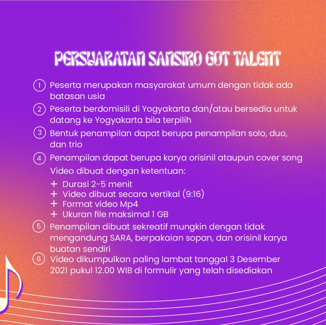 sansirofest's tweet image. [OPEN SUBMISSION SANSIRO GOT TALENT]

Halo Sanspeeps!
Akhirnya Sansiro Got Talent buka pendaftaran lho!
Buat yang hobi nyanyi/seru-seruan aja boleh banget nih ikutan.

Akun resmi medsos SANSIROFEST :
Instagram: @sansirofest
LINE : @909ifpif

#SANSIROFEST2021 #SANSIROGOTTALENT2021