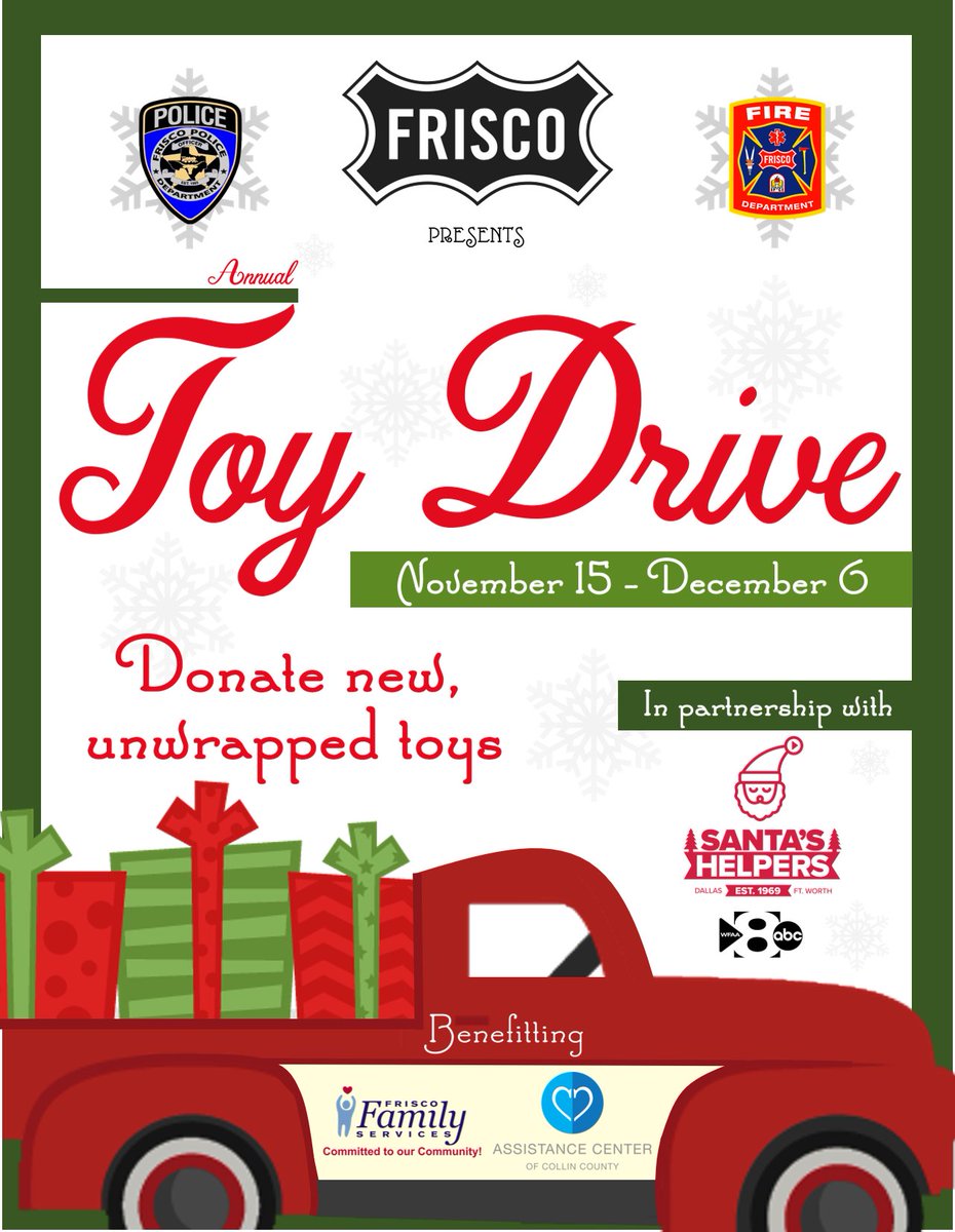 FriscoPD's tweet photo. SHARE! The @CityOfFriscoTx, in partnership with @wfaa Santa's Helpers, presents the annual Frisco PD &amp; @FriscoFFD Toy Drive and it starts November 15! Help local families this holiday season by donating new, unwrapped toys at one of our drop-off locations. https://t.co/olAbk6mKWv https://t.co/l2gFnWCLT3