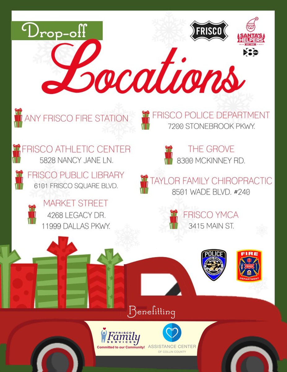 FriscoPD's tweet photo. SHARE! The @CityOfFriscoTx, in partnership with @wfaa Santa's Helpers, presents the annual Frisco PD &amp; @FriscoFFD Toy Drive and it starts November 15! Help local families this holiday season by donating new, unwrapped toys at one of our drop-off locations. https://t.co/olAbk6mKWv https://t.co/l2gFnWCLT3