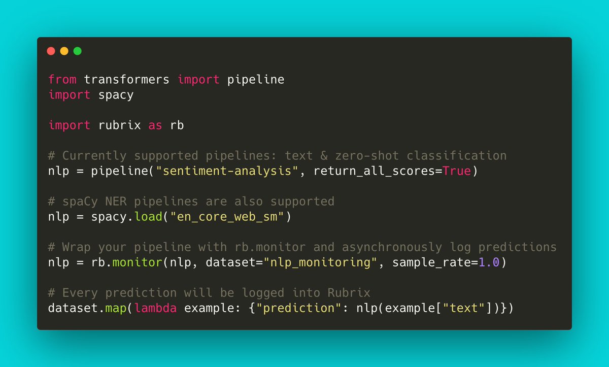 dvilasuero's tweet photo. Rubrix: Python framework for data-centric NLP

Monitoring pipelines &amp; predictions just got easier

Supports Hugging Face text/zero-shot classification pipelines &amp; spaCy NER

https://t.co/DOrtloiBfH

Guide: https://t.co/KFT7AA1rnP

#MLOps #python #opensource #nlproc #datascience https://t.co/twPjHTWvlc