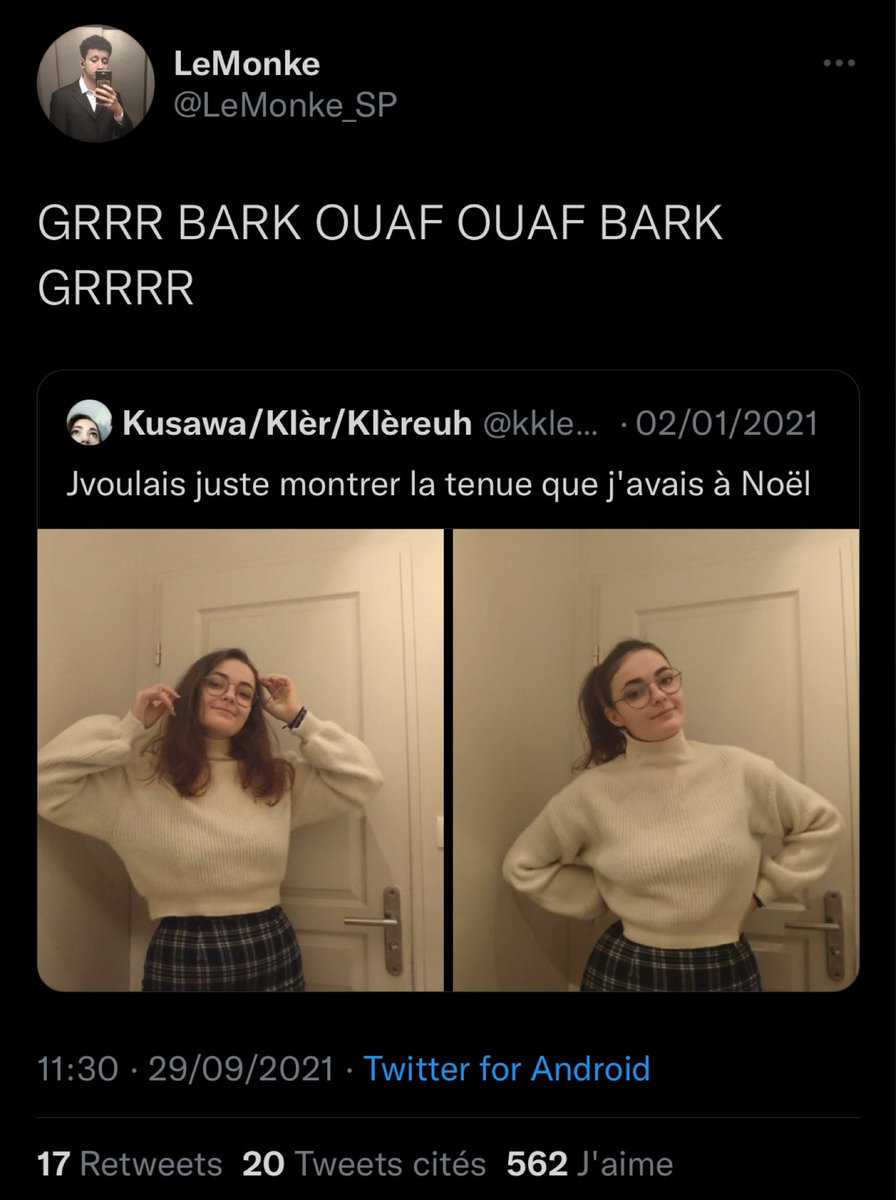 theomcx's tweet image. Donc là un mec a réussi à pecho en aboyant mdrrrr ? Je pense qu'on devrait sérieusement se remettre en question