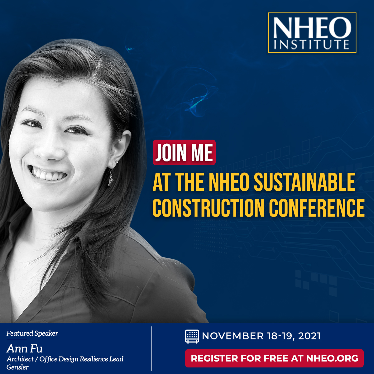 nheo's tweet photo. Join Ann Fu, Architect &amp; Office Design Resilience Lead for @Gensleronwork Vancouver, to present at the NHEO Sustainable Construction Conference. Ann will be sharing insights into Gensler’s commitment to climate action. Register at https://t.co/bmLDkWtfDO 
#architecture  #gensler https://t.co/bK5dDTenYk