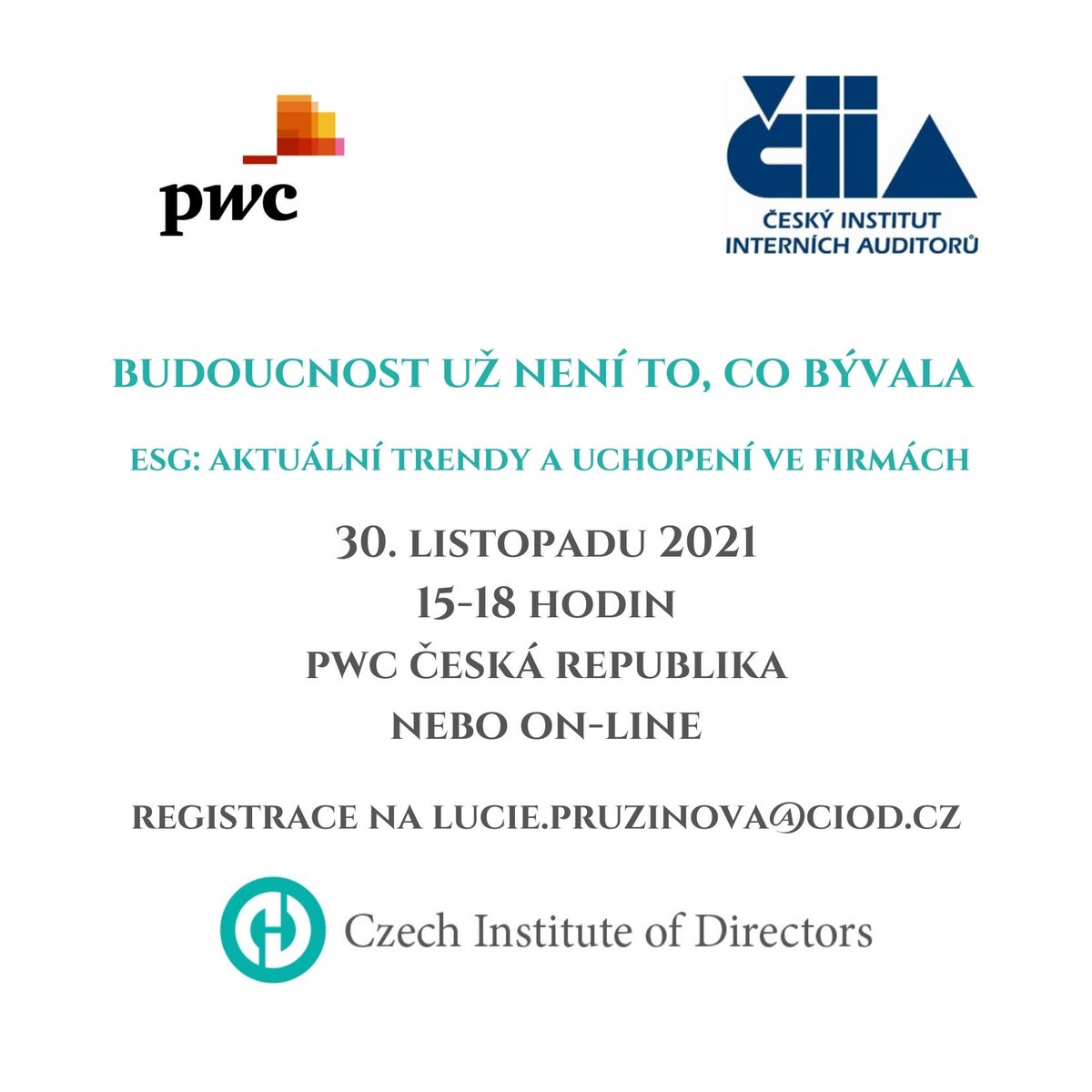 CGInstitut's tweet photo. 30.11. od 15 h. v @PwC_CR  
setkání na téma „Budoucnost už není to, co bývala“ o konceptu ESG podnikání. @JHaubova z @komercka, @bohdan_wojnar ex @skodacz a @SvazPrumyslu, @pivonkat z @SkupinaCEZ, Ondřej Rybka z @PwC_CR a Martin Smekal z @CGInstitut. Více https://t.co/Gz4f4eDGKy https://t.co/Qu4TJsj1KE