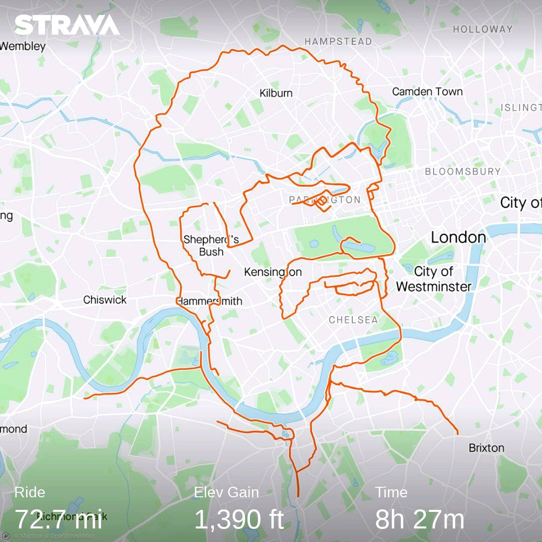 MovemberUK's tweet photo. Awesome to see @anthoyte's - aka Pedalling Picasso - @Strava art getting the recognition it deservers.

He drew this Mo Bro with his bike via GPS. It took over 10 hours and 75 miles. 💪🚲🙌

Read more and donate to his efforts here: https://t.co/mMi1IJO92w https://t.co/NmKZGNIX9i