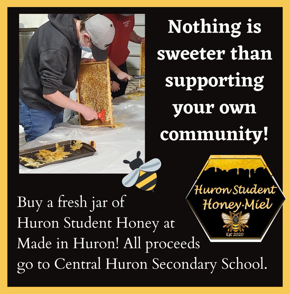 CentralHuron's tweet photo. Support the community by treating yourself to Huron Student Honey or gifting a jar to someone you love! Sold at Made in Huron, with proceeds going to CHSS 💛 Sponsored by Libro and  Community Futures Huron 🐝 #shoplocal #centralhuron https://t.co/jARwDiiIE8