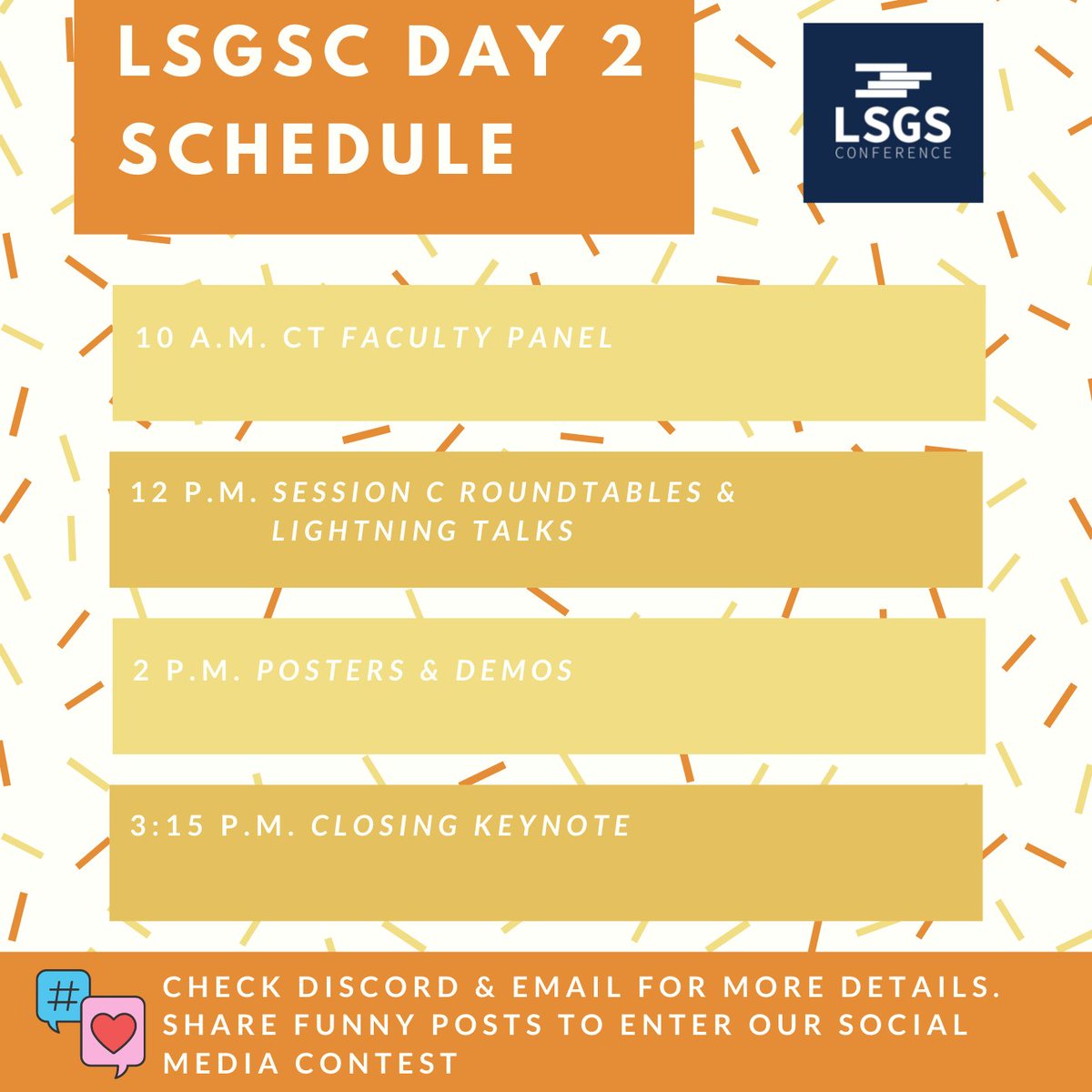 lsgs_conference's tweet photo. Day 2 of #LSGSC21! Check Discord &amp; email for Zoom links and more important details. Share screenshots and funny memes to enter our social media competition 😍🤣

#LSGSC #LSGSC2021 #LSGS #learningsciences #gradschool #gradstudents #community #together #learning #academia https://t.co/nohOKStdwE