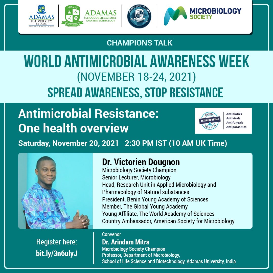 micro4all's tweet photo. To celebrate "World Antimicrobial Awareness Week," the Department of Microbiology at Adamas University, in collaboration with Microbiology Society, UK, organizes a talk on "Antimicrobial resistance: One health overview."
Registration:ย https://t.co/bb0edYbQnfย
#microbiosoc https://t.co/ntuE5haTa2