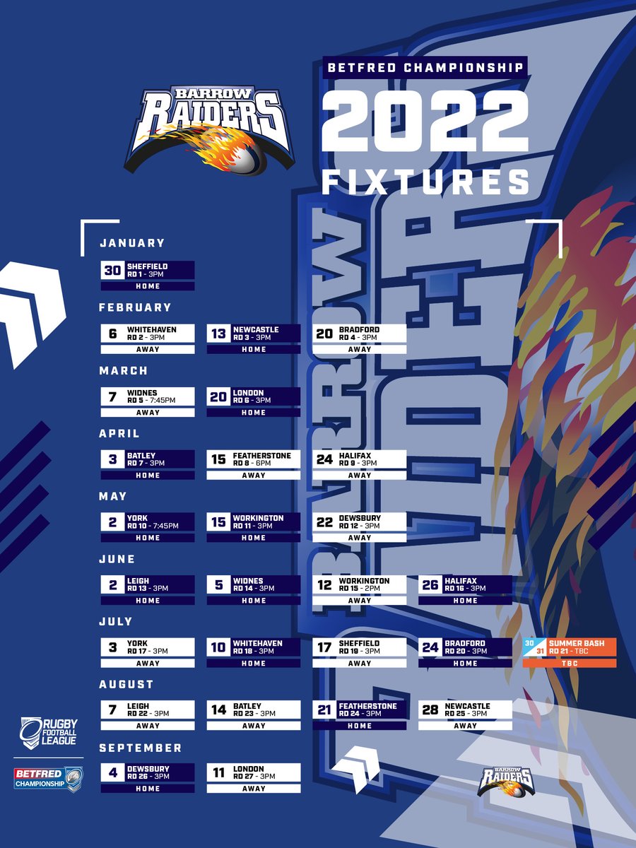 2022 FIXTURES CONFIRMED! 🏆

Barrow Raiders can reveal our full fixture list for the <a href="/Betfred/">Betfred</a> 2022 Championship campaign! 📆 

Find out more 👉 barrowrlfc.com/latest-news/20…