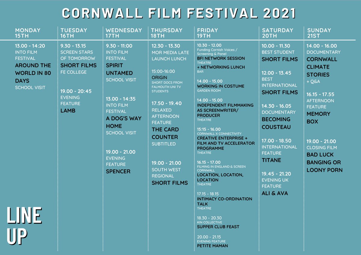 Henry Austwick (@henryaustwick) on Twitter photo Coming to <a href="/CornwallFilm/">Mor Media Charity | Cornwall Film Festival</a> next week? 
Here is the full line up! 
mormediacharity.org/cornwall-film-…
#filmfestival #shorts #features #cornwall #falmouth #film #festival Coming to <a href="/CornwallFilm/">Mor Media Charity | Cornwall Film Festival</a> next week? 
Here is the full line up! 
mormediacharity.org/cornwall-film-…
#filmfestival #shorts #features #cornwall #falmouth #film #festival