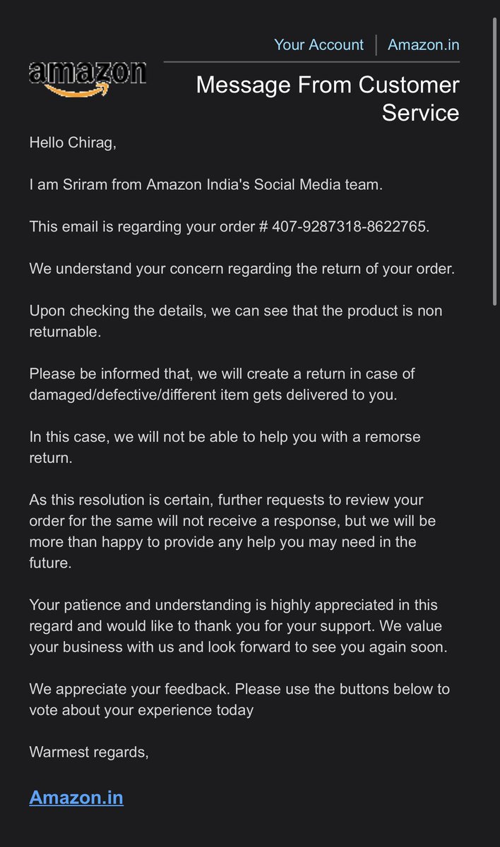 chiragcds's tweet photo. @AmazonHelp I tried that 4 times my concern is something different and your team is just pasting me same response since past 4 emails! My concern is the nit replacing or returning product its how your executive behaved i want call back from your end coz your email team is fool https://t.co/GLBBZaI2io
