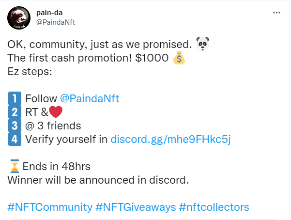 PaindaNft's tweet photo. The winner for $1000 promotion 🚀🚀🚀🚀🚀

Congrats, it's announced in discord too. Claim it and dm me your wallet address. 🐼🐼

@VEyO259yW163lFK https://t.co/js2qcsWKoL