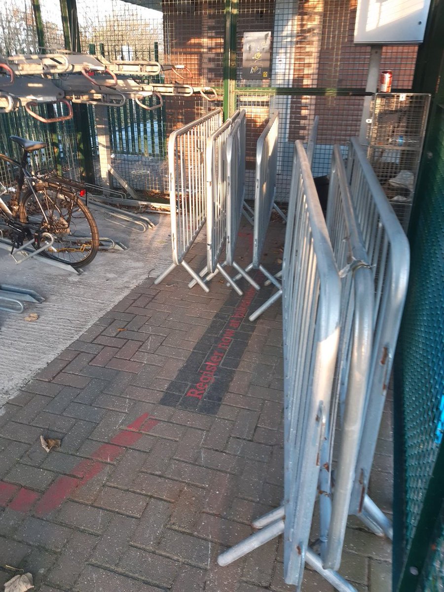 LisaBluOfficial's tweet photo. @merseyrail Could you get your bike in here? For months these barriers have been in the cycle storage at Kirkby station blocking everyone in and rendering some of the racks unusable! Could someone please remove them and give us some space! #merseyrail https://t.co/fcqeT4LEzo