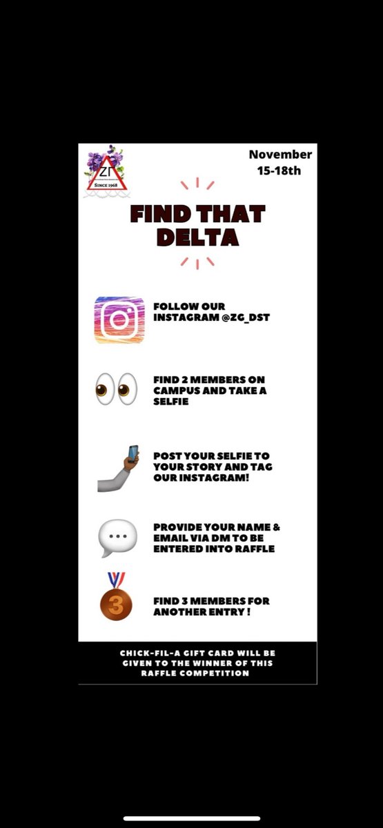 Raffle begins tomorrow! Participate for a chance to win a Chick-Fil-A gift card

• Find 2 members and complete each step for one entry

• Find 3 members for an additional entry