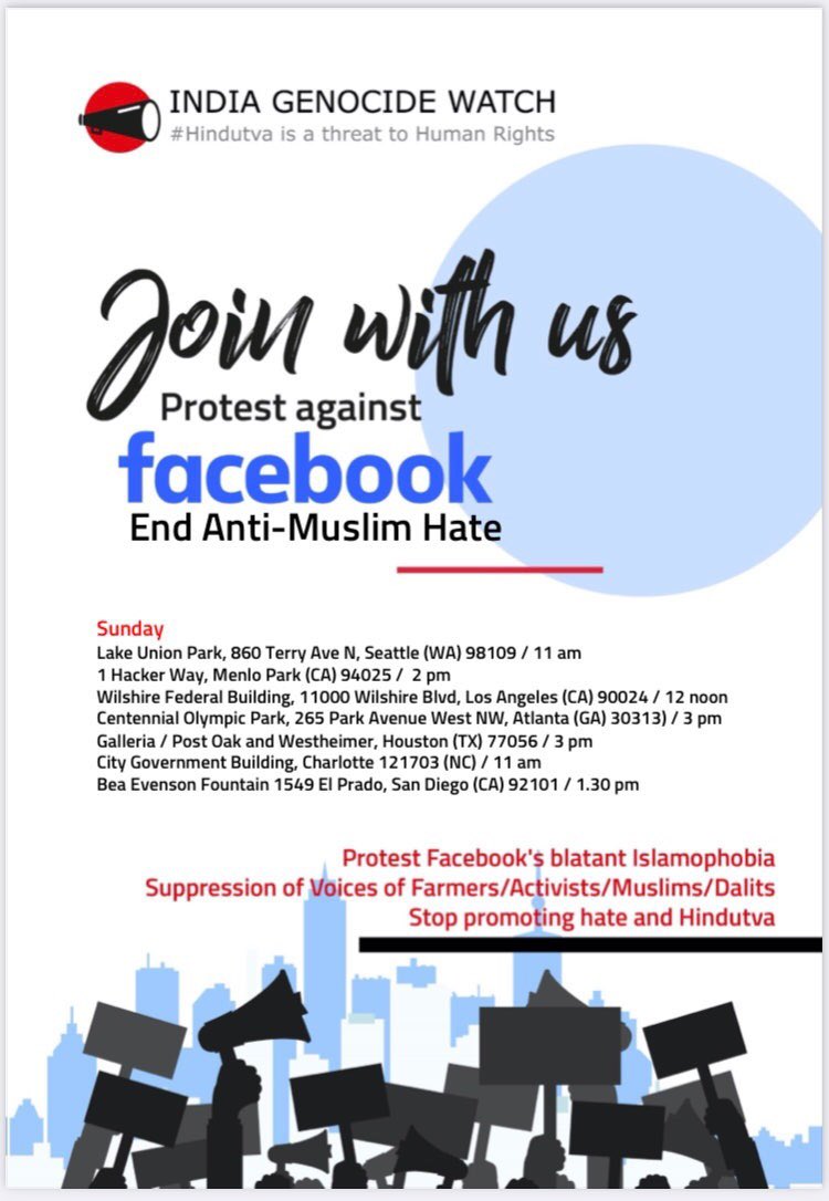 Today, Indian Americans across 7 major cities in the US are protesting against Facebook’s (<a href="/Meta/">Meta</a>) role in promoting Islamophobia &amp; hate against Muslims in India. 

A protest will also take place outside the Facebook Headquarters in California. 

#FacebookStopTheHate