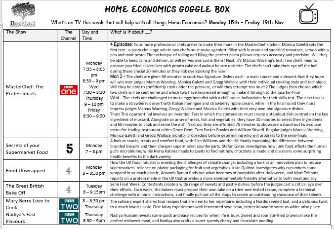 The TV Guide for all things Home Economics
👀 HFT pupils select from either Secrets of Supermarket Food or Food unwrapped.
👀PC pupils have a choice between MasterChef, Nadiya or Mary Berry
📺GBBO - semi final week 
Whatever you decide to watch - enjoy!