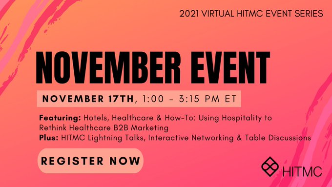 Excited for this week's #HITMC Virtual Event. @burtrosen will be presenting a session on Hospitality + Healthcare - with PRACTICAL things you can implement. Plus, a great lightning session from <a href="/Ander_Inter/">Anderson Interactive</a> 

Nov 17th at 1pm ET

bit.ly/3EPz51O
#hcmktg #digitalhealth