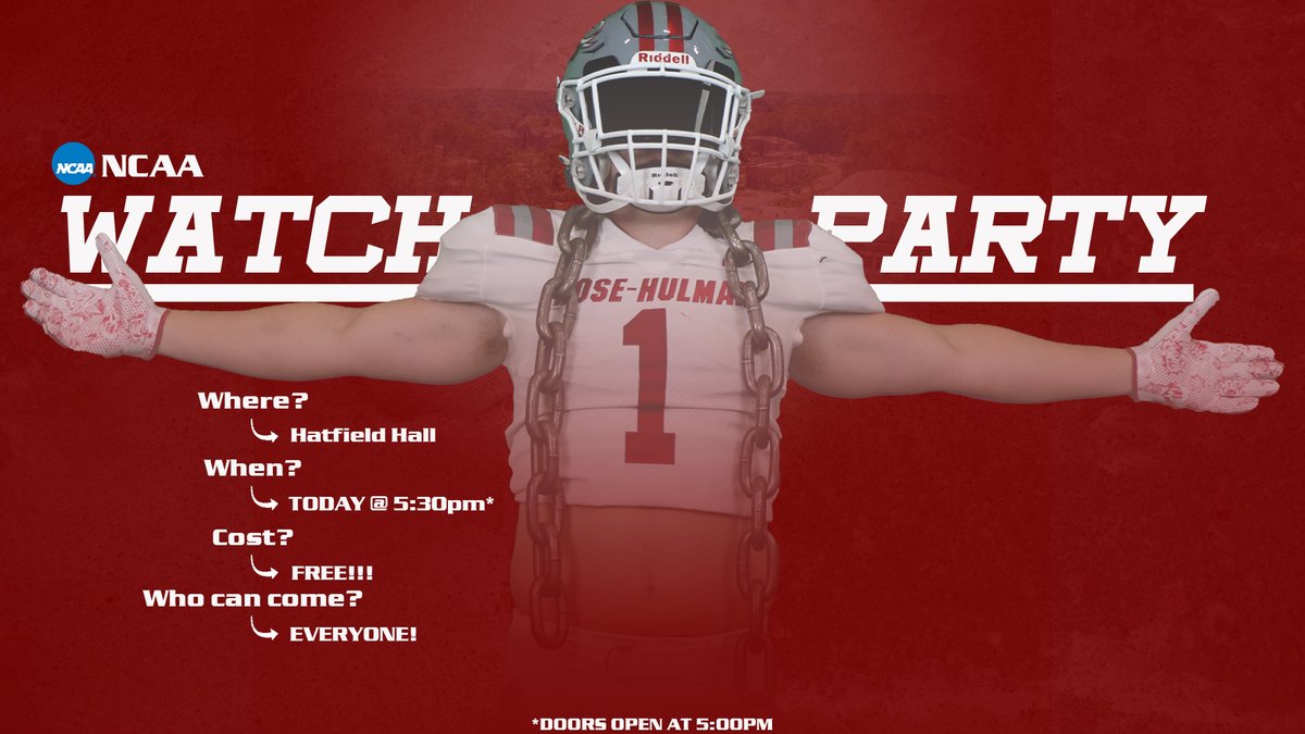 rhitsports's tweet photo. NCAA FOOTBALL WATCH PARTY!  Join the Rose-Hulman football team at its official NCAA Watch Party TODAY at 5:30 pm in Hatfield Hall!  

You can learn our NCAA Division III Football Playoff Destination at the same time as the team. #GoRose https://t.co/LaAkYAe3WR