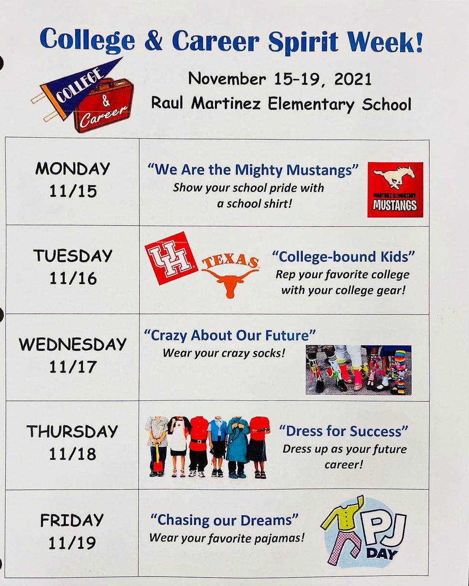 RMTZElem's tweet photo. Good morning Mustangs! College and Career Spirit Week starts tomorrow! Show your school pride by using your school shirt or school colors! ππΌ #RCMStrong https://t.co/HnAYLDOIPt