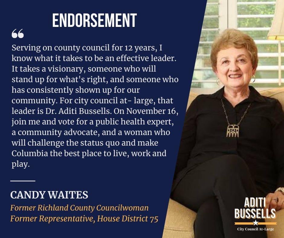 aditisrivastav's tweet photo. Today, I am honored to announce the endorsement of former councilwoman and state representative, Ms. Candy Waites. She is an inspiration to so many women in Columbia &amp; I’m grateful for her guidance &amp; support! #scpol #aditiforthecity https://t.co/V6WMDJ2gNH