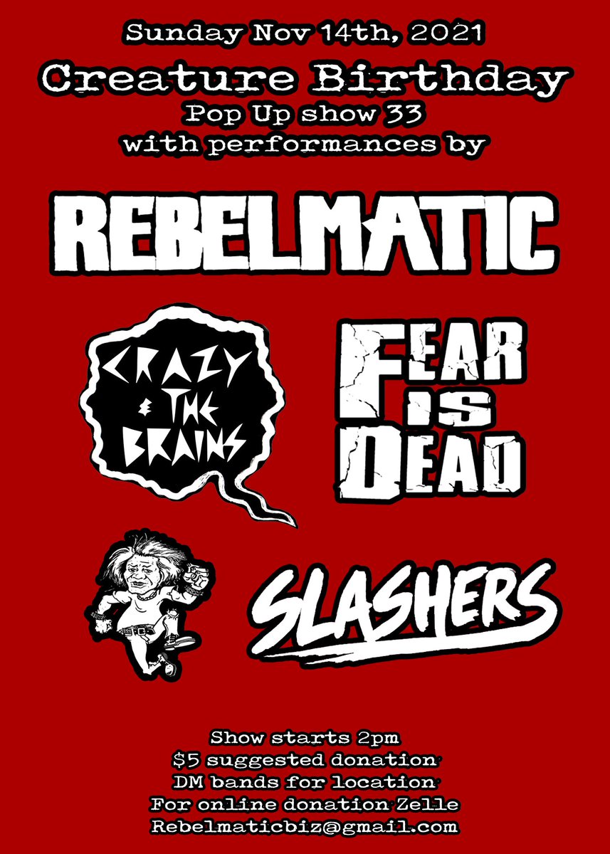 FearIsDead's tweet photo. Today!!!!
For those that know the location, I'll see you later. 
For those that don't, DM me for directions 
#Rebelmatic 
#CrazyAndTheBrains
#FearIsDead 
#Slashers https://t.co/b5PoztaMN0