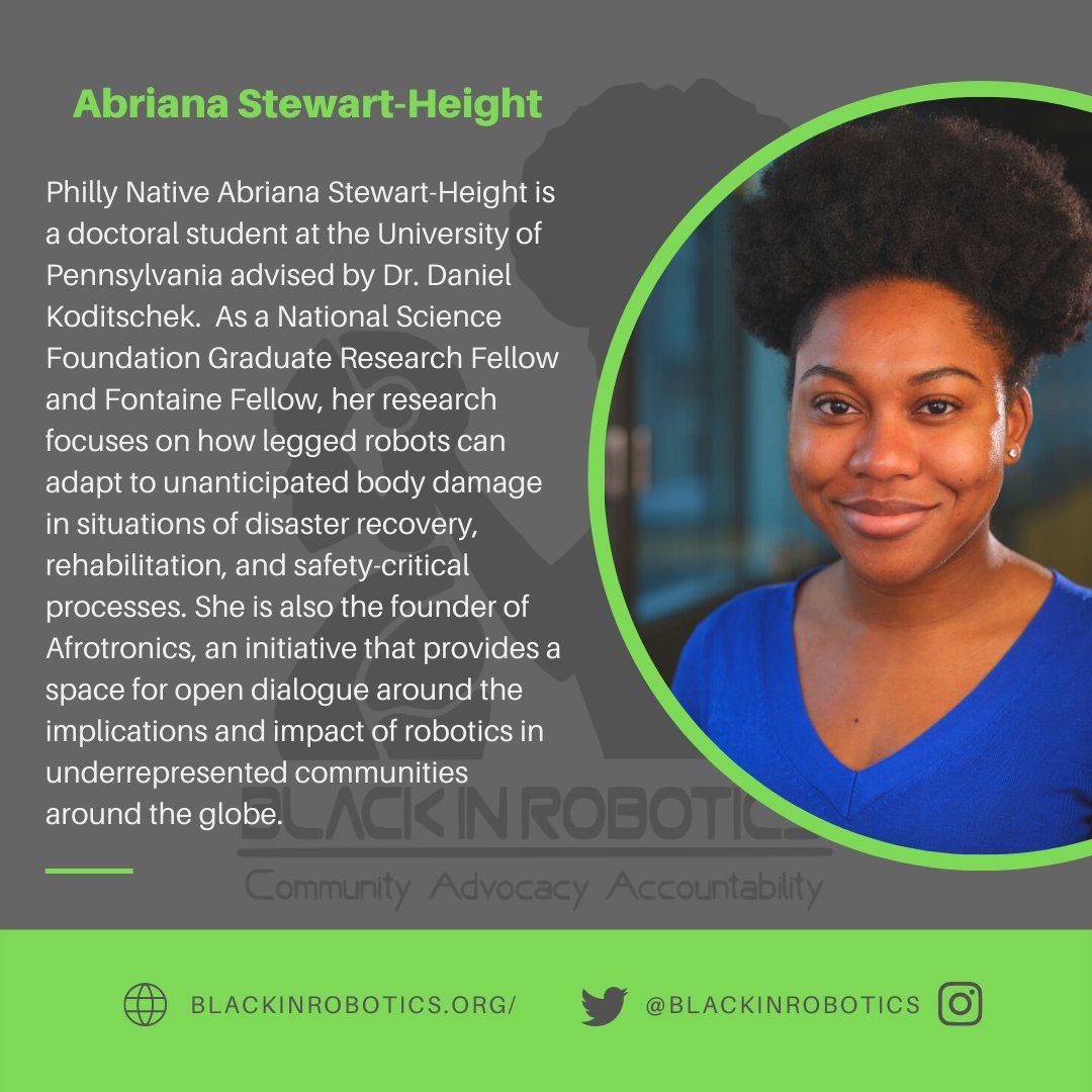 Today's #30for30 is Abriana Stewart-Height!

<a href="/Penn/">Penn</a> 
@ModLabUPenn 
<a href="/BlackWomenSTEM/">Black Women in STEM</a> 

#blackexcellence #blackgirlmagic #blackwomen #STEM #robots #robotics #tech #Afrotronics 
#upandcoming #innovator #blackwomeninstem #blackwomenintech #blackwomeninrobotics #upenn