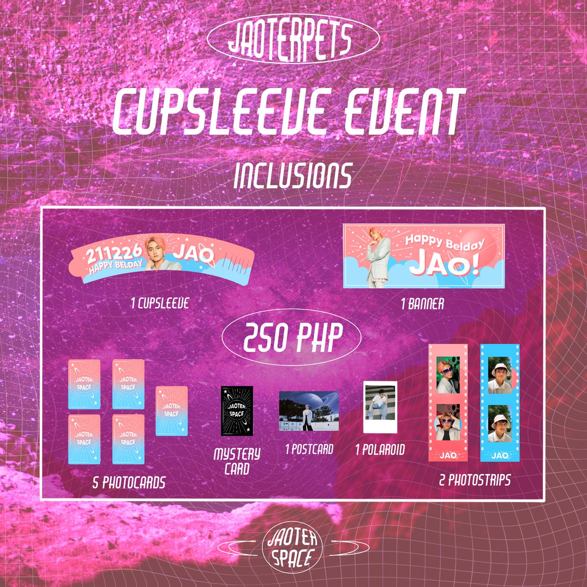 JAOterSpace_'s tweet photo. #JAOterPets: Cupsleeve Kit🚀

✨ Cupsleeve
✨ Banner
✨ 2 photostrips
✨ Polaroid
✨ Postcard
✨ 5 photocards
✨ Unreleased photocard(1 out of 2)

Price: 250 php(sf excluded)

Order form: https://t.co/0hdHYybJoF

#JAOterSpace
#JaoForTress https://t.co/E8y6ECx3hN