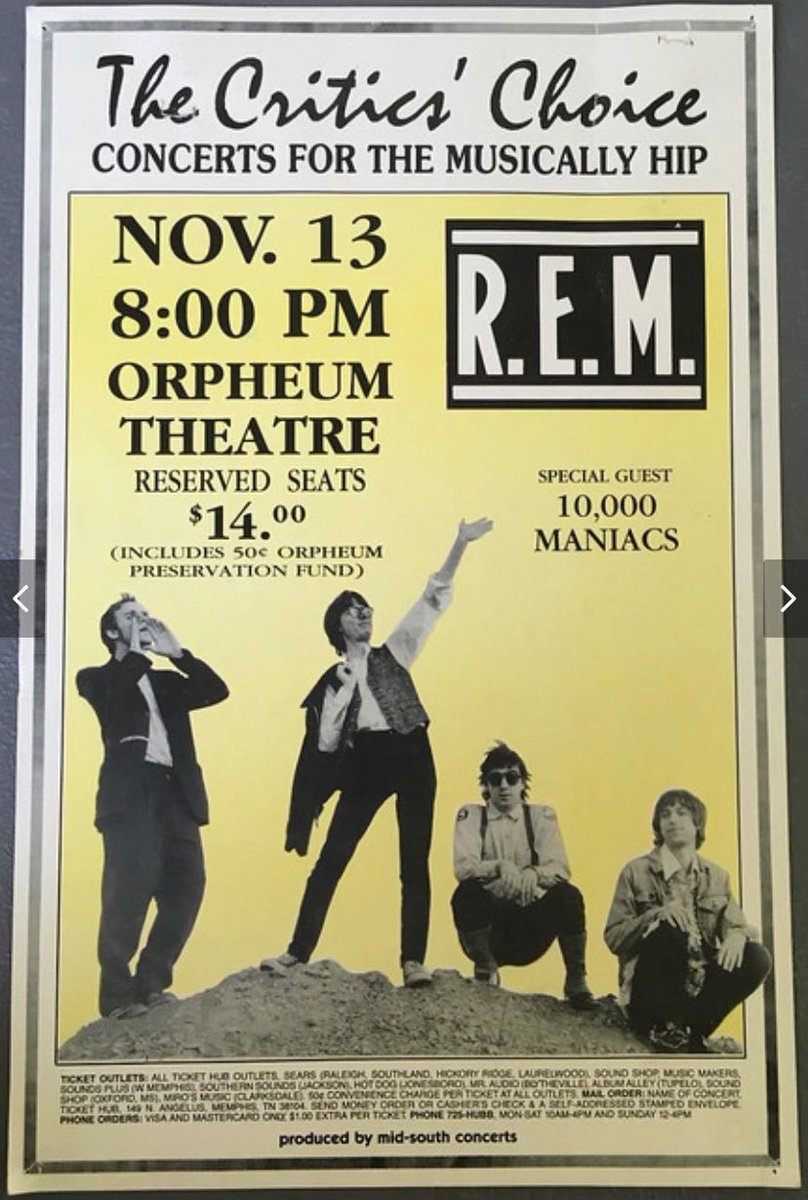 DSWallaceJr's tweet photo. @remhq not sure if ‘86, but roughly 35 years ago yesterday? Great show, nice bonus getting to visit with Peter Buck in the lobby before. #Orpheum #Memphis https://t.co/08DVHkFxKS