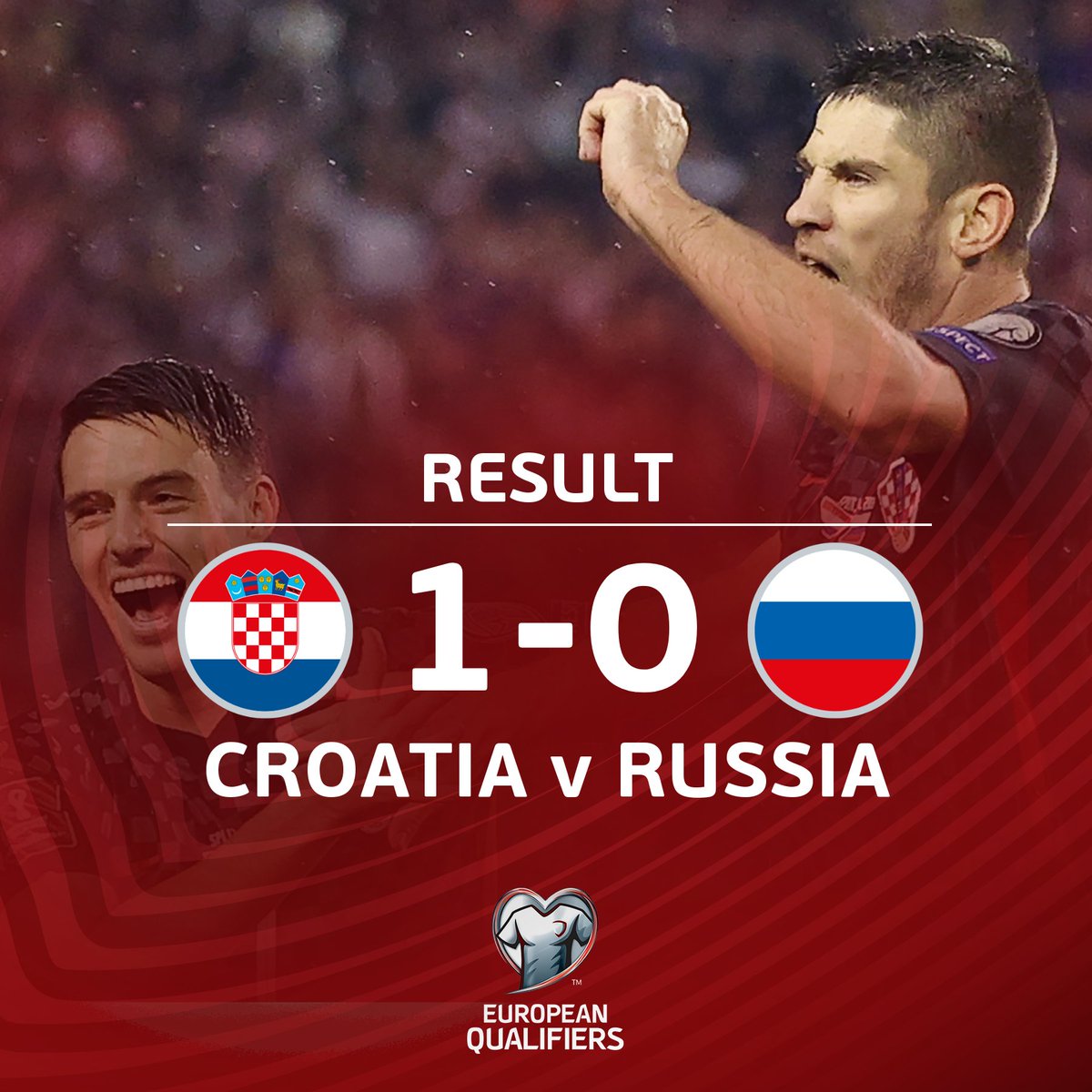 UEFAEURO's tweet photo. 🇭🇷 Croatia qualify for the World Cup 👏👏👏

Their 1-0 win against Russia was enough to overtake their opponents and seal first place in Group H ✅

#WCQ https://t.co/YMByDcvkwP