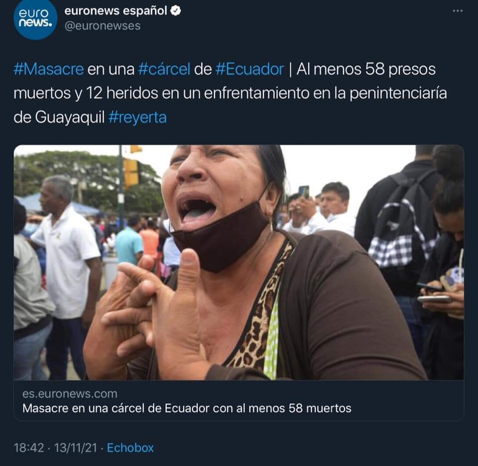 SofiaEspinRC's tweet photo. ¿Más Ecuador en el mundo? Así no, Presidente Lasso, así no 💔.
Imágenes de los principales diarios del mundo 👇🏼😟🇪🇨.
#CrisisCarcelaria https://t.co/1poxNF2sZS