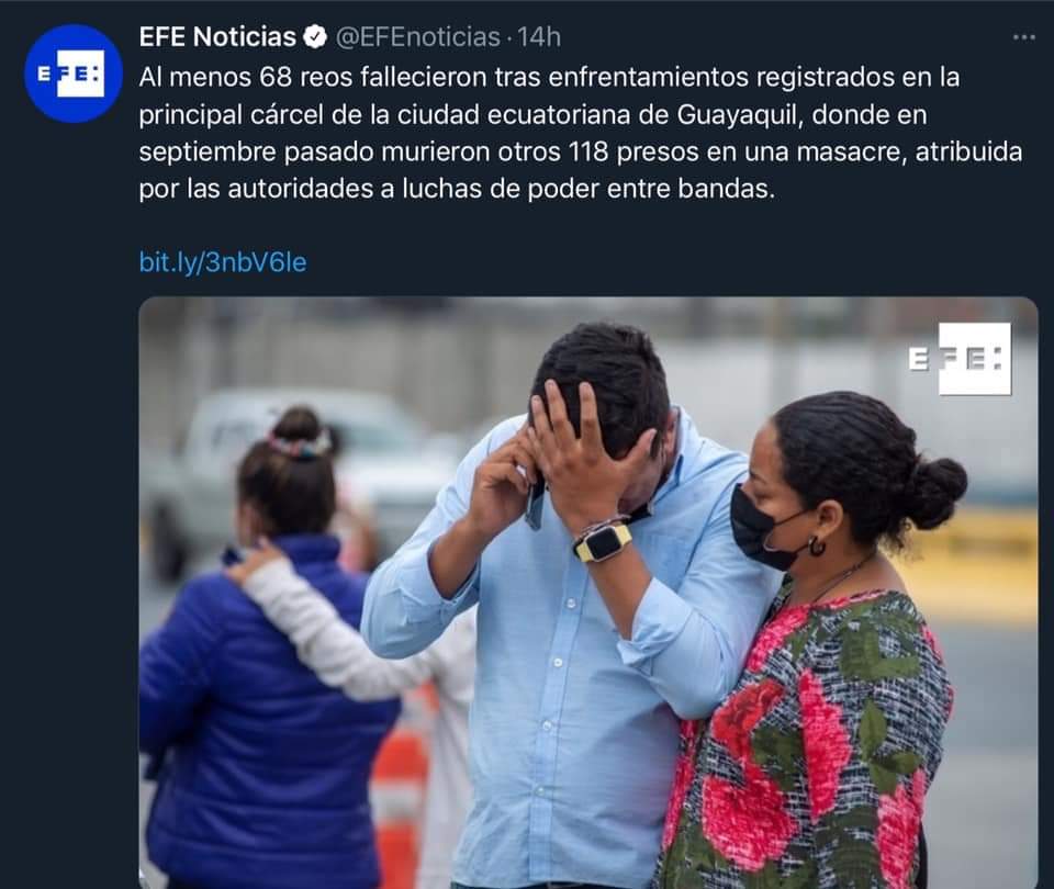 SofiaEspinRC's tweet photo. ¿Más Ecuador en el mundo? Así no, Presidente Lasso, así no 💔.
Imágenes de los principales diarios del mundo 👇🏼😟🇪🇨.
#CrisisCarcelaria https://t.co/1poxNF2sZS