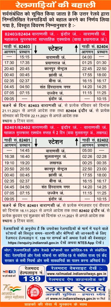 RailwayNorthern's tweet photo. सर्वसंबंधित को सूचित किया जाता है कि उत्तर रेलवे द्वारा निम्नलिखित रेलगाड़ियों को बहाल करने का निर्णय लिया गया है, विस्तृत विवरण निम्नानुसार है:- https://t.co/W5m2y4xqBz