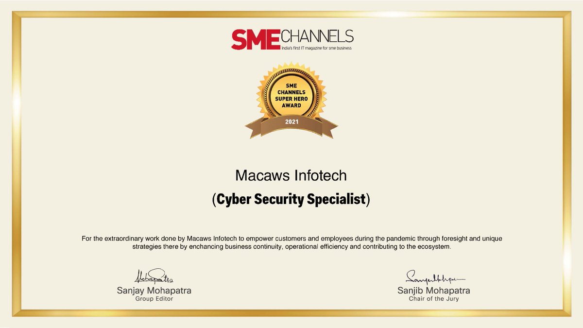 manasisaha's tweet photo. Thanks SME Channels and my friend @sanjayaccent for the Award. Apricate on being recognised. Thanks to my esteemed Customers, supportive OEMs and excellent Team Macaws.
#cybersecurity #enterprisesecurity #cloudsecurity #macawsinfotech https://t.co/v6xtlUEJNc