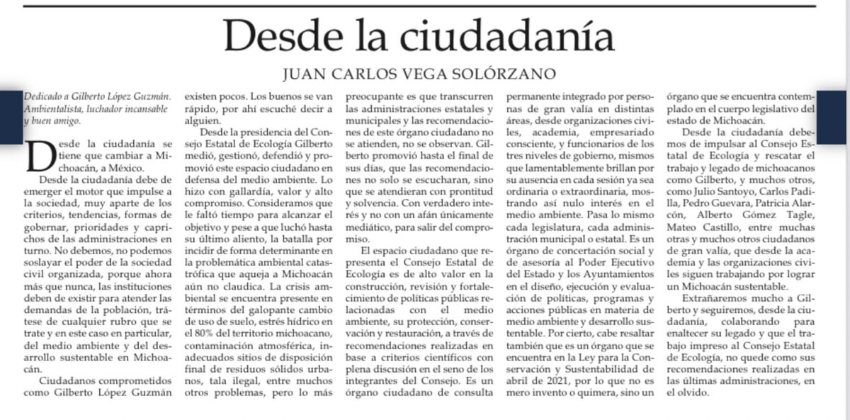 jcarlosvegas's tweet image. Después de un hermoso cumpleaños, comparto colaboración dominguera @vozmichoacan titulada “Desde la Ciudadanía”, con dedicatoria especial a mi amigo Gilberto López Guzmán. 

Ambientalista y hombre de campo.

Abrazo al cielo Gil!!