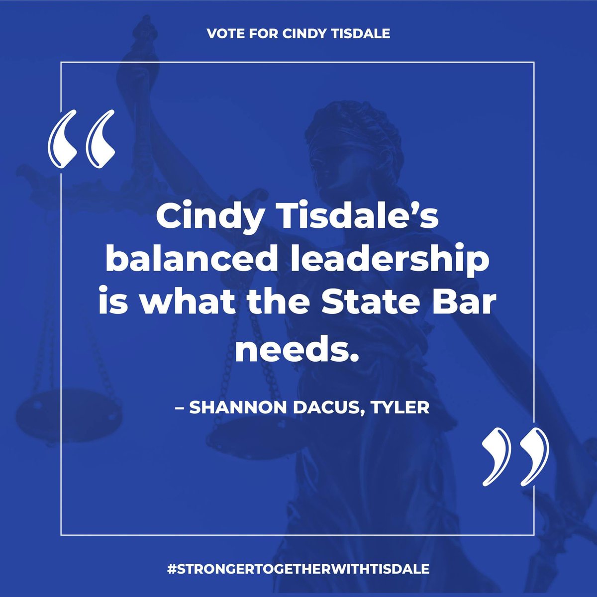 “Cindy has my vote for president-elect because I have seen firsthand how she handles difficult issues with an open-minded, balanced, and respectful approach. Cindy’s balanced leadership is what the State Bar needs." 
- Shannon Daccus

#StrongerTogetherWithTisdale #statebaroftexas