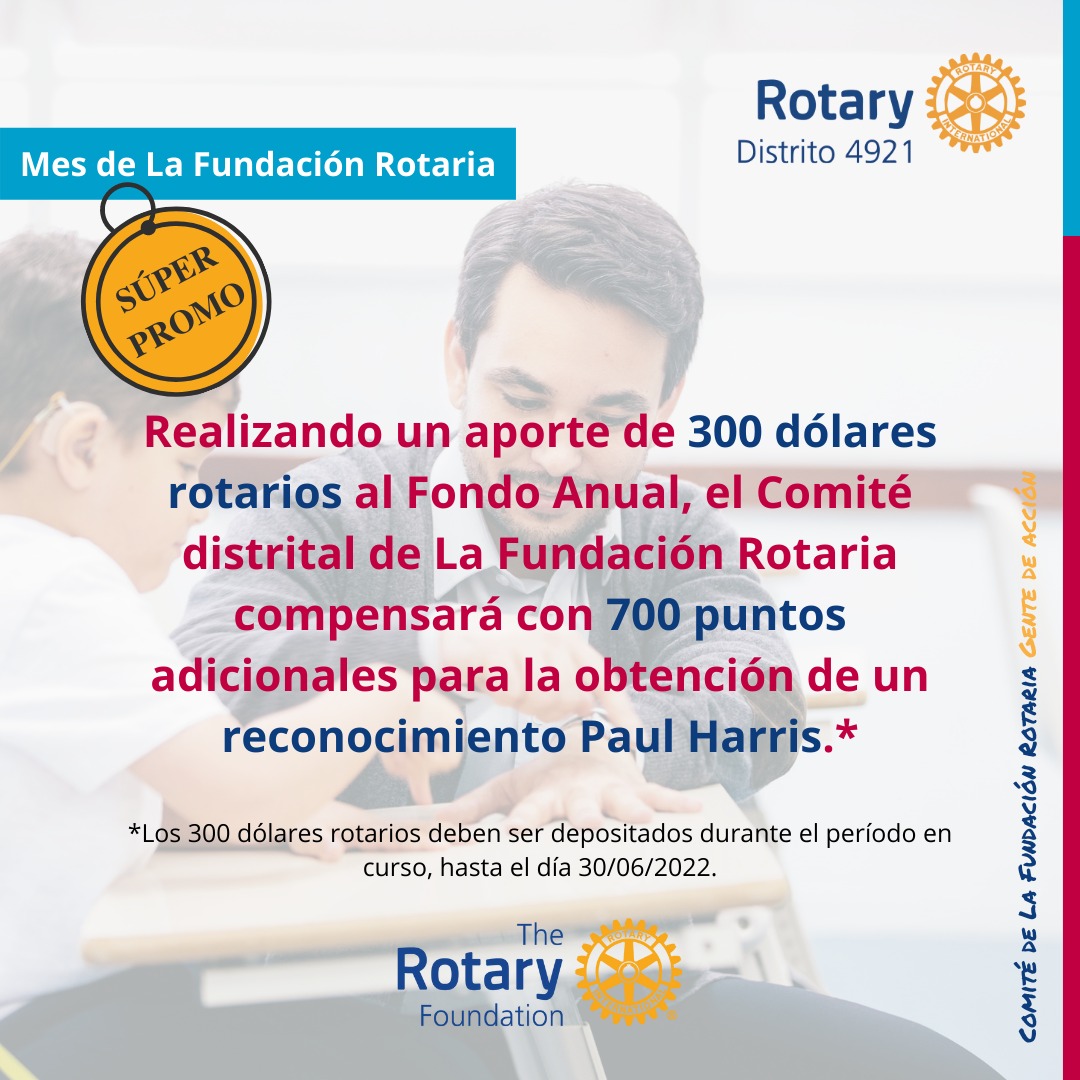Rotary4921's tweet photo. Realizando un aporte de 300 dólares rotarios al Fondo Anual, el Comité distrital de La Fundación Rotaria compensará con 700 puntos adicionales para la obtención de un reconocimiento Paul Harris.

#Rotary #LFR #TRF #Distrito4921 #Pampagonia #ServirParaCambiarVidas https://t.co/HXwI2YaF4f