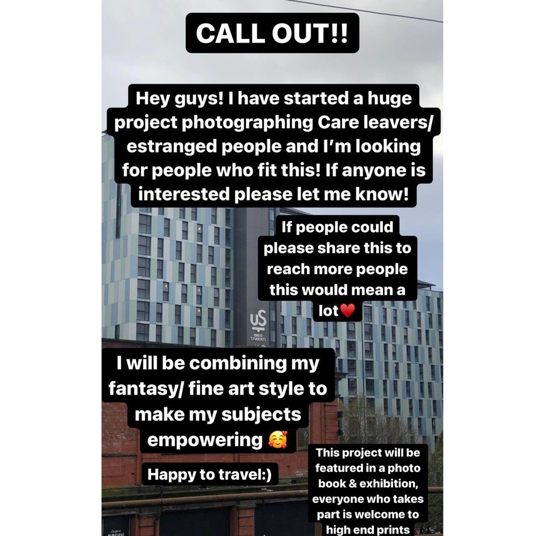 #CEP 📣 This photography project (run by a care leaver university student 🙌) is looking to photograph other care experienced people for her final project <a href="/UWEBristol/">UWE Bristol</a> 📸

Get in touch with Dannii on Instagram if you’re interested in learning more @danniijophotography