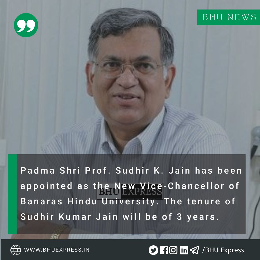 bhuexpress's tweet photo. Padmshri Prof. Sudhir K. Jain has been appointed the New Vice-Chancellor of Banaras Hindu University. 

Heartiest congratulations to him✨❤️ https://t.co/MBNFN2H7gq