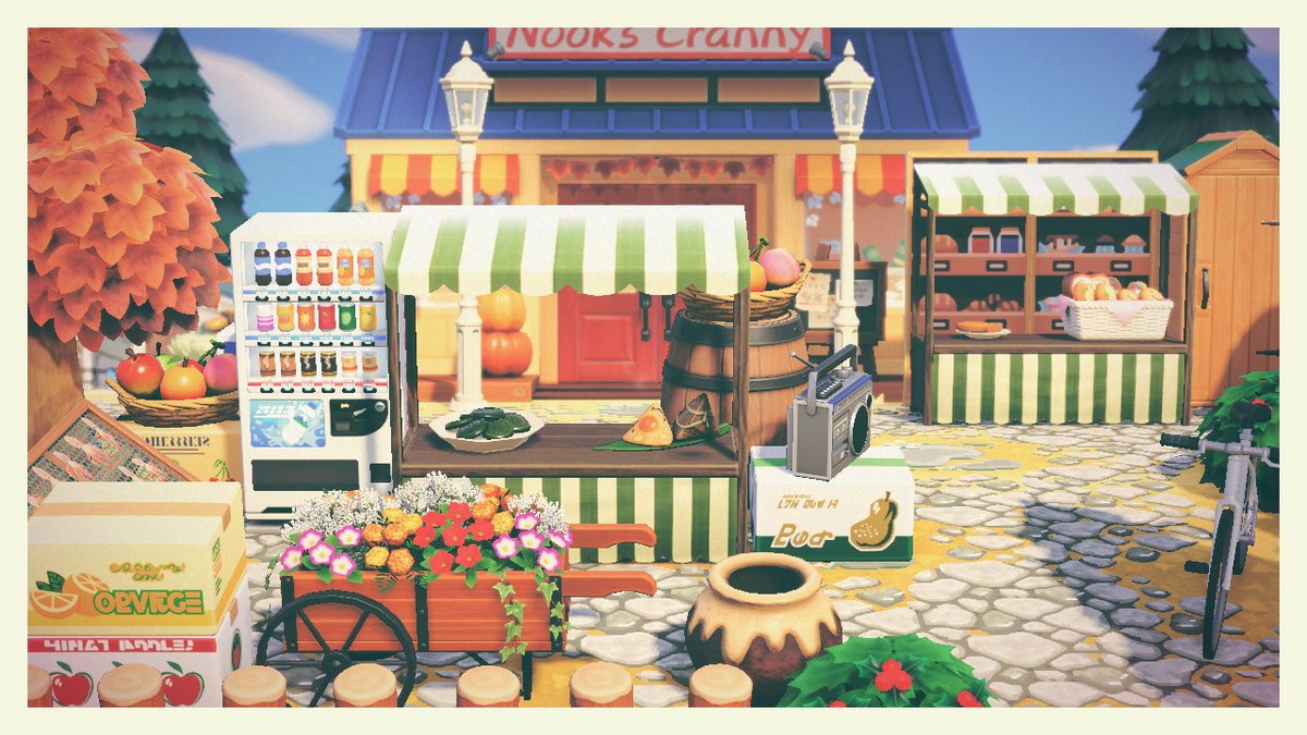 VillagerMilo's tweet photo. Working on a little market area in the Nook's Cranny plaza. #AnimalCrossing #ACNH #NintendoSwitch https://t.co/HykOmxx0JP