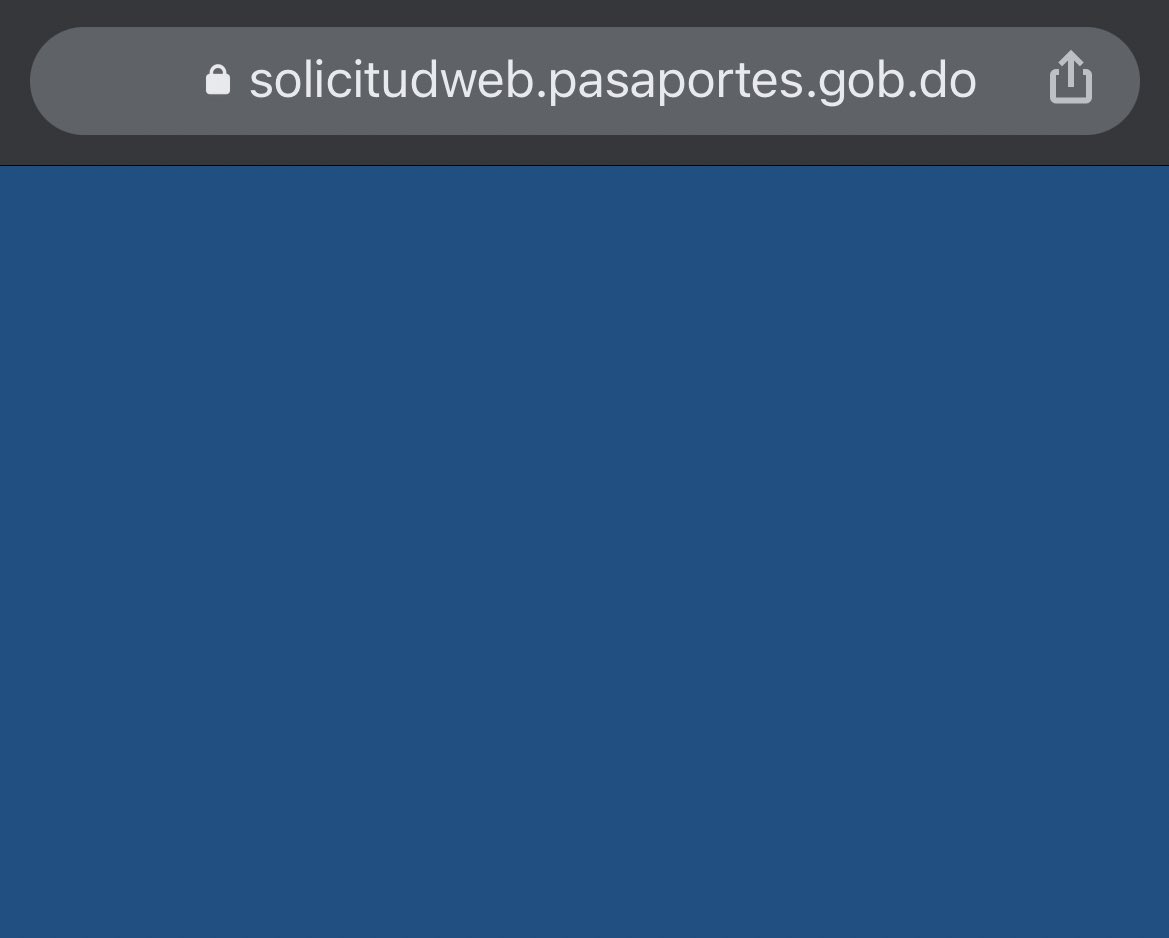 solicitudweb.pasaportes.gob.do si fuera un dia que tuviera problemas no digo yo… pero años la misma chercha… no funcionaa. No pasa de pa pantalla azul… se han usado todos los navegadores, pc, celulares, diferentes aervicios de internet y nada🤦🏻‍♂️🙆🏻‍♂️🙆🏻‍♂️🤦🏻‍♂️🤦🏻‍♂️ <a href="/Pasaportesrd/">Dirección General de Pasaportes</a> <a href="/PasaportesRDo/">Pasaportes RD</a>