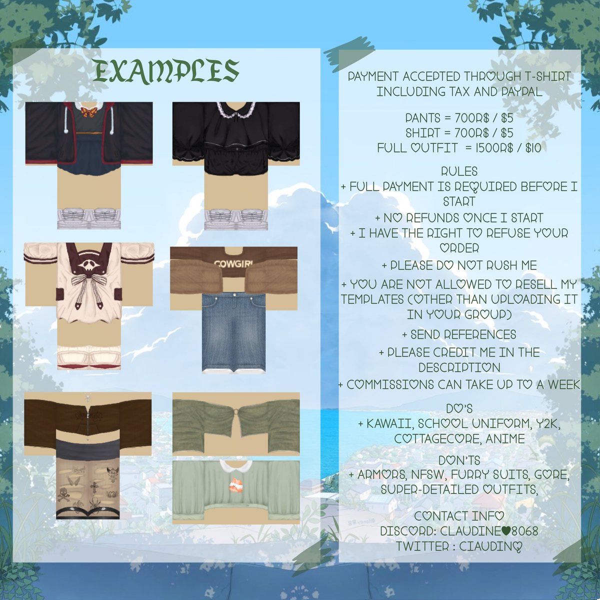 Clothing Commissisons have RE-OPENED! 

USD COMS ONLY ARE OPEN BTW

Likes and rts appreciated🤧

#roblox #robloxcommission
#robloxart #robloxdesign #robloxclothing #robloxdesigner #robloxdev