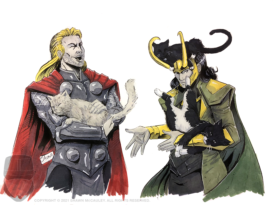 Next #AWA2021 sketch was a tough one. Drawing someone's cats who have passed is a big responsibility that I couldn't mess up. I think I did alright though. #artistsontwitter #Thor #loki #MCU #illustration https://t.co/Eu9eeJHpEJ