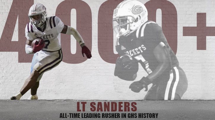 After rushing for 298 yards Friday night vs Homewood, LT Sanders has surpassed Barry Harrison as the all-time leading rusher in GHS history and became the first 4,000+ rusher in school history

LT also broke Jordan Howard’s single-game rushing record🚀

#HailTheDale