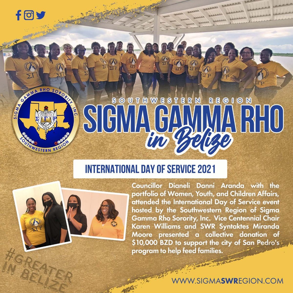 SGRho's tweet image. We&apos;re proud to announce the chartering of the Nu Kappa Sigma Alumnae Chapter in Belize.

In addition, the Southwestern Region in partnership with the Centennial Planning Team presented a $10,000 BZD donation to support the city of San Pedro&apos;s.

#SigmaGammaRho #SGRho #Greater